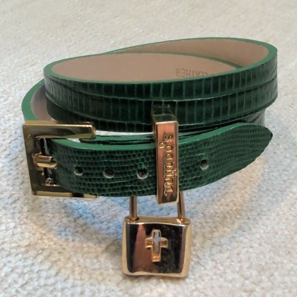 Spartina 439 Emerald Green Lizard Leather Wrap Bracelet with Gold Padlock Charm